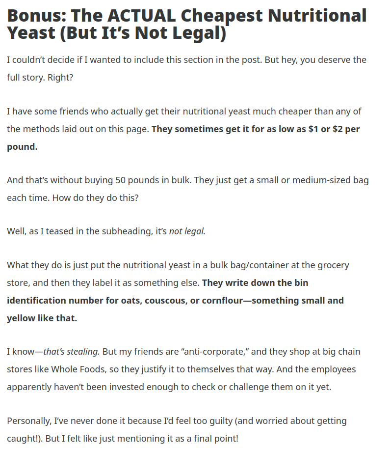 A section of the guide titled "Bonus: The ACTUAL Cheapest Nutritional Yeast (But It's Not Legal)", which suggests shoplifting. See link for full text.