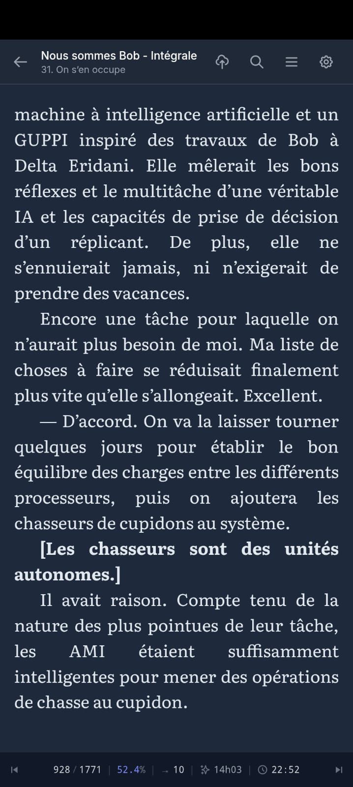 Varbook EPUB reader on mobile: dark theme, large serif font, chapter title and progress bar at the bottom showing 52.4%, reading time, and page count