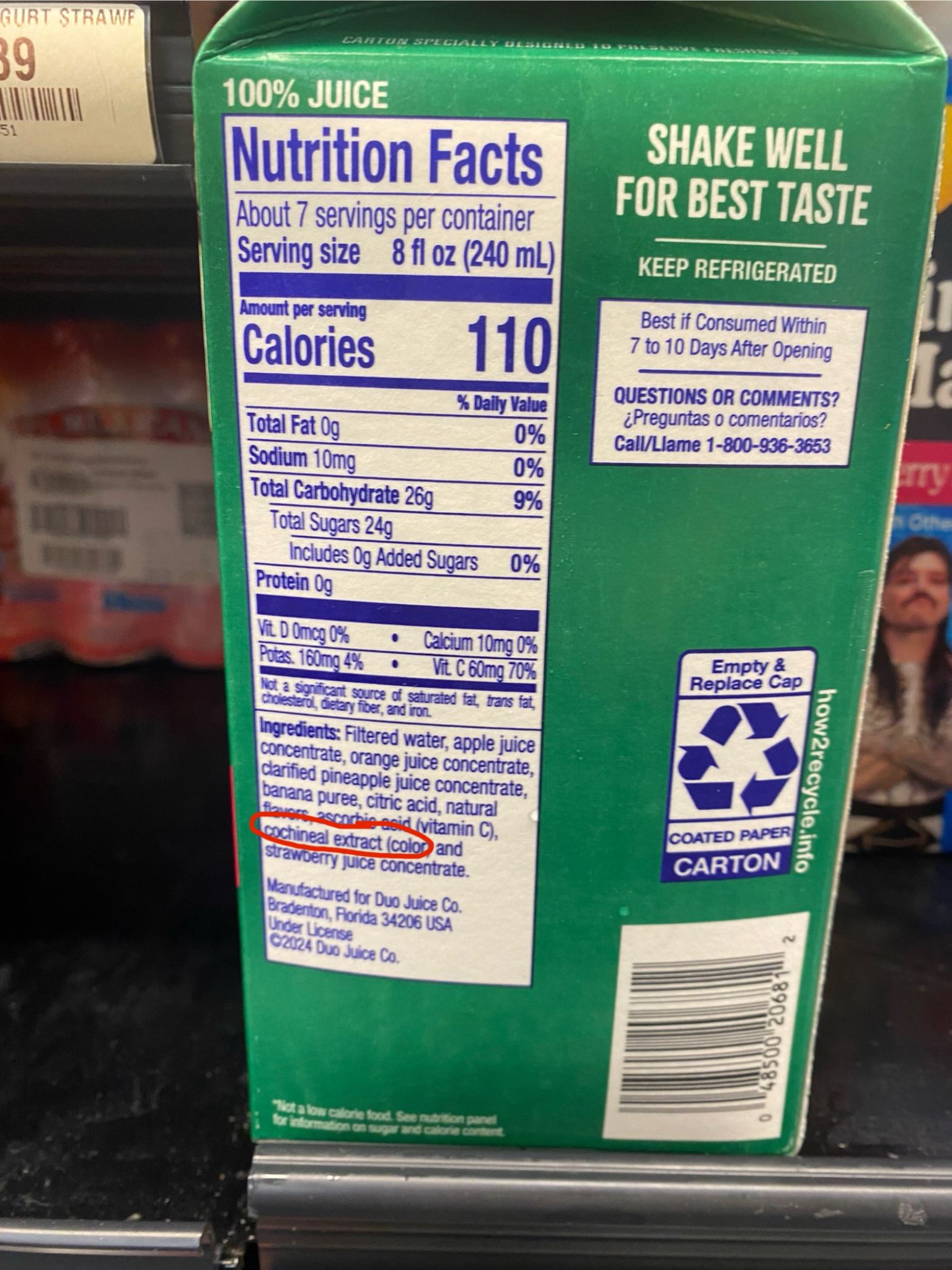 A photo of the Nutrition Facts on a carton of juice. At the top it says “100% juice,” but among the ingredients it lists “cochineal extract” for color.